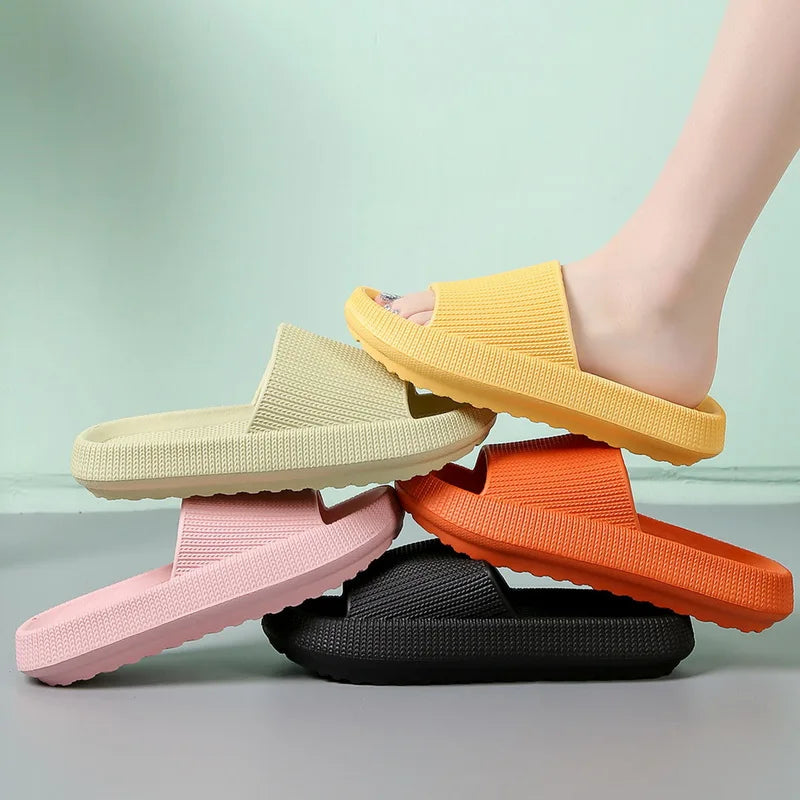 Women Bathroom Slippers Cloud Cushion Slides Summer Flat Sandals Thick Platform Shoes Man Indoor Non-Slip Flip Flops Couple Shoe